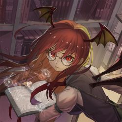 Rule 34 | 1girl, artist name, back cutout, bat wings, belt, bespectacled, black-framed eyewear, black wings, book, bookshelf, breasts, checkered floor, clothing cutout, floating, from above, glasses, head wings, hexagram, holding, holding book, impossible clothes, impossible vest, indoors, koakuma, large breasts, library, long hair, long sleeves, looking at viewer, looking back, magic, magic circle, necktie, puffy long sleeves, puffy sleeves, recare, red eyes, red hair, red necktie, round, round eyewear, sheath, signature, solo, touhou, upper body, vest, wavy hair, window, wings