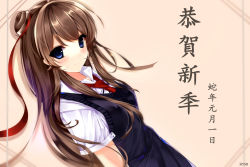 Rule 34 | 1girl, blue eyes, blush, brown hair, highres, iron (huyiyang), long hair, looking at viewer, necktie, ribbon, simple background, smile, solo
