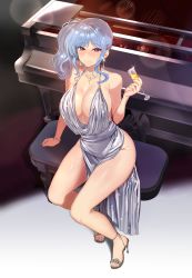 Rule 34 | 1girl, absurdres, arm support, azur lane, backless dress, backless outfit, bare shoulders, blue hair, blue nails, blush, bracelet, breasts, champagne flute, cleavage, closed mouth, cup, dress, drinking glass, earrings, evening gown, from above, grey dress, hair ornament, hairclip, halter dress, halterneck, high heels, highres, holding, holding cup, indoors, instrument, jewelry, large breasts, minki shu, nail polish, necklace, piano, piano bench, plunging neckline, purple eyes, revealing clothes, side ponytail, sidelocks, silver dress, silver footwear, smile, st. louis (azur lane), st. louis (luxurious wheels) (azur lane), thighs, toenail polish, toenails