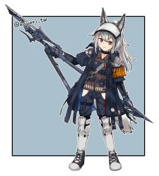 Rule 34 | 1girl, animal ear fluff, animal ears, arknights, armband, black footwear, black jacket, black pants, blue background, blue gloves, brown shirt, closed mouth, collared shirt, commentary request, dress shirt, gloves, grani (arknights), grey eyes, grey hair, hip vent, holding, holding polearm, holding weapon, jacket, kamihine, long hair, open clothes, open jacket, pants, polearm, ponytail, shirt, shoes, short sleeves, smile, solo, spear, tail, twitter username, two-tone background, weapon, white background