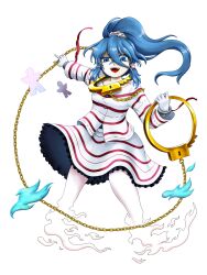 Rule 34 | 1girl, blue eyes, blue hair, breasts, buttons, chain, colored skin, cuffs, frilled skirt, frills, full body, ghost tail, gloves, grey skin, hair between eyes, hair ornament, hair tubes, handcuffs, high ponytail, highres, holding, holding handcuffs, long sleeves, looking at viewer, miyadeguchi mizuchi, multiple tails, open mouth, parasite oyatsu, purple ribbon, ribbon, shackles, sharp teeth, shikigami, shirt, sidelocks, simple background, skirt, skirt set, skull hair ornament, small breasts, smile, solo, striped clothes, striped shirt, striped skirt, tachi-e, tail, teeth, touhou, transparent background, two tails, white gloves, white shirt, white skirt