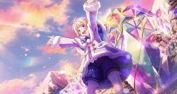 Rule 34 | 1boy, blonde hair, blush, coat, highres, idolmaster, idolmaster side-m, idolmaster side-m growing stars, long sleeves, male focus, mountain, official art, open mouth, outstretched arms, pierre bichelberger, purple eyes, sky, snowflake print, solo, spread arms, teeth, third-party source, upper teeth only