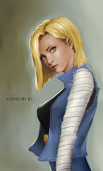 Rule 34 | 1girl, android 18, blonde hair, blue eyes, blurry, character name, dragon ball, dragonball z, from side, gradient background, head tilt, parted bangs, phamoz, solo, vest