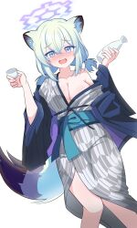 1girl absurdres animal_ear_fluff animal_ears aqua_hair bath_yukata blue_archive blue_halo blue_sash blush breasts choko_(cup) cleavage collarbone commentary_request cup drunk gradient_halo grey_kimono hair_between_eyes halo highres japanese_clothes kimono korean_commentary looking_at_viewer low_twintails lying medium_breasts medium_hair multicolored_halo obi off_shoulder official_alternate_costume on_back open_mouth partial_commentary poorunii purple_halo sash shigure_(blue_archive) shigure_(hot_spring)_(blue_archive) sidelocks simple_background single_bare_shoulder single_off_shoulder solo tail tokkuri transparent_background twintails weasel_ears weasel_tail yukata