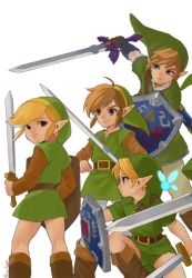 Rule 34 | 4boys, artist name, blonde hair, boots, brown footwear, earrings, fairy, from behind, green eyes, hat, highres, holding, holding sword, holding weapon, hylian shield, ivy (sena0119), jewelry, link, long sleeves, looking at viewer, male focus, master sword, multiple boys, multiple persona, navi, nintendo, pointy ears, shield, short hair, simple background, sword, the legend of zelda, the legend of zelda: ocarina of time, tunic, weapon, white background
