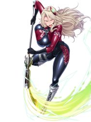 Rule 34 | 00s, 1girl, blonde hair, blue eyes, bodysuit, breasts, eliza perlman, female focus, full body, huge breasts, kangoku academia, kangoku senkan, latex, latex suit, lilith-soft, long hair, looking at viewer, parted lips, prison academia, shiny skin, sian, smile, solo, standing, weapon