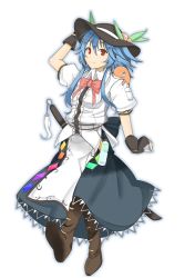 Rule 34 | 1girl, alternate hair length, alternate hairstyle, bad id, bad pixiv id, blue hair, boots, bottle, bow, dress, female focus, fingerless gloves, food, fruit, full body, gloves, hand on own head, hat, highres, hinanawi tenshi, leaf, peach, puffy sleeves, rakutyan97, red eyes, ribbon, sheath, sheathed, short hair, short sleeves, simple background, smile, solo, sword, touhou, walking, water bottle, weapon, white background