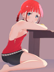 Rule 34 | 1girl, absurdres, armpits, asukagawa chise, bare legs, bare shoulders, barefoot, belt, blue eyes, braid, breasts, commentary request, gridman universe, highres, looking at viewer, miniskirt, mole, mole under mouth, red hair, sideboob, sitting, skirt, sleeveless, solo, ssss.dynazenon, table, tetori (tetolisto), twin braids, wariza