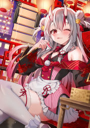 Rule 34 | 1girl, ;3, ;q, absurdres, bell, blush, breasts, chierishu, commentary, double bun, fang, gradient hair, grey hair, hair bell, hair bun, hair ornament, hair ribbon, highres, hololive, horns, jingle bell, lantern, lolita fashion, long hair, long sleeves, looking at viewer, multicolored hair, nakiri ayame, off shoulder, one eye closed, oni, paper lantern, pleated skirt, red eyes, red hair, ribbon, skin-covered horns, skirt, skirt set, small breasts, smile, solo, streaked hair, tassel, tassel hair ornament, thighhighs, tongue, tongue out, twintails, virtual youtuber, white hair, white thighhighs