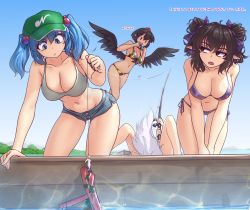 Rule 34 | 4girls, alternate hairstyle, bait, bare arms, bare legs, bare shoulders, bikini, bikini top only, black eyes, black hair, black hat, black wings, blue eyes, blue hair, breasts, camera, cleavage, commentary request, covered erect nipples, day, double bun, duplicate, english text, feathered wings, fishing, fishing rod, flying, green hat, hair bobbles, hair bun, hair ornament, halterneck, hand up, hat, hater (hatater), highres, himekaidou hatate, holding, horizon, inubashiri momiji, kawashiro nitori, kneeling, large breasts, looking to the side, lying, multiple girls, navel, outdoors, pointy ears, purple bikini, shameimaru aya, short hair, short shorts, shorts, side-tie bikini bottom, string bikini, summer, swimsuit, tail, tan, thighs, tokin hat, touhou, two side up, v arms, water, wings, wolf tail