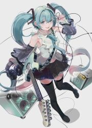 Rule 34 | 1girl, :d, absurdres, amplifier, audio jack, bare shoulders, belt, black skirt, black sleeves, black thighhighs, blue eyes, blue hair, boots, collared shirt, detached sleeves, electric guitar, floating hair, guitar, hair between eyes, hair ornament, hatsune miku, hatsune miku (nt), headphones, highres, holding, holding headphones, instrument, long hair, long sleeves, looking at viewer, loose belt, miniskirt, nik ibi, open mouth, piapro, pleated skirt, shadow, shirt, sidelocks, simple background, skirt, sleeveless, sleeveless shirt, smile, solo, speaker, teeth, thigh boots, thighhighs, twintails, upper teeth only, vocaloid, white background, white shirt