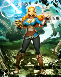 Rule 34 | 1girl, black pantyhose, blonde hair, blue eyes, boots, braid, breasts, brown footwear, crown braid, fingerless gloves, forehead, full body, genzoman, gloves, grass, guardian (zelda), hair ornament, hairclip, knee boots, leaf, long hair, medium breasts, nintendo, open mouth, pantyhose, parted bangs, pointy ears, princess zelda, solo, the legend of zelda, the legend of zelda: breath of the wild, thick eyebrows
