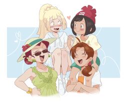Rule 34 | 4girls, ahoge, beanie, black eyes, black hair, blonde hair, blue background, blush, bracelet, brown hair, carrying, closed eyes, commentary, couple, creatures (company), delia ketchum, dress, english commentary, game freak, green eyes, hat, heart, highres, holding hands, interlocked fingers, jessie (pokemon), jewelry, kiana mai, lillie (pokemon), long hair, looking at another, multiple girls, nintendo, open mouth, pokemon, pokemon (anime), pokemon sm, pokemon sm (anime), ponytail, red hair, scrunchie, selene (pokemon), shoes, short hair, shoulder carry, side ponytail, simple background, sitting on shoulder, smile, sun hat, sunglasses, yuri