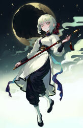 Rule 34 | 1girl, absurdres, braid, chinese clothes, commentary, copyright request, english commentary, expressionless, full body, gemi ningen, gradient background, green eyes, hair ribbon, highres, holding, holding weapon, light green hair, looking at viewer, moon, novel illustration, official art, original, puffy pants, ribbon, robe, sheath, sheathed, short hair, solo, sword, weapon