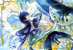 Rule 34 | 1boy, alternate hairstyle, aqua hair, architecture, bird, black hair, blue hair, border, brown eyes, crop top, crow, east asian architecture, elephant, feathers, floating, hair down, harem pants, jewelry, judal, long hair, looking back, magi the labyrinth of magic, male focus, midriff, multicolored hair, neck ring, niaoniaoyoo, panther, pants, tusks, very long hair, wrist cuffs