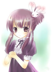 Rule 34 | 00s, 1girl, rabbit hair ornament, chikage (sister princess), collar, frilled collar, frills, hair ornament, looking at viewer, own hands together, puffy short sleeves, puffy sleeves, purple eyes, purple hair, shima yukiwa, short hair, short sleeves, sister princess, solo, upper body