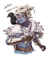 Rule 34 | 1other, ambiguous gender, animal, animal on shoulder, animal skull, apex legends, artist name, axe, bird, bird on shoulder, black eyes, black gloves, blood, bloodhound (apex legends), bloody weapon, blue shirt, chinese commentary, clenched hand, crow, dated, feather trim, fingerless gloves, gloves, helmet, highres, holding, holding axe, miou, rebreather, shirt, weapon, young blood bloodhound
