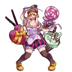 Rule 34 | 1girl, absurdres, animal ears, apron, arm over head, blonde hair, bowl, brown hat, brown shorts, brown thighhighs, cabbie hat, cake batter, candy, closed mouth, collarbone, colored inner hair, commentary request, cupcake, dango, floppy ears, floral print, food, frilled shirt, frilled shorts, frills, full body, gloves, hat, hat ornament, heart, heart hat ornament, highres, holding, holding bowl, holding whip, korean commentary, lollipop, looking at viewer, mary janes, midriff, multicolored hair, open mouth, oversized food, oversized object, pink eyes, puffy shorts, rabbit ears, ringo (touhou), sanshoku dango, shirt, shoes, short hair, short sleeves, shorts, simple background, smile, solo, stain, striped clothes, striped shorts, swirl lollipop, teeth, thighhighs, tongue, touhou, upper teeth only, valentine, vertical-striped clothes, vertical-striped shorts, wagashi, waiwa way, white apron, white background, white gloves, yellow footwear, yellow shirt, yellow sleeves