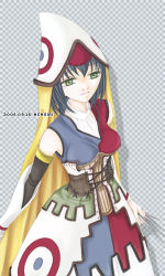 Rule 34 | 1girl, asagiri (castle in the air), blue hair, breasts, checkered background, closed mouth, corset, dated, detached sleeves, dress, elbow gloves, expressionless, female focus, gensou suikoden, gensou suikoden v, gloves, green eyes, hat, holding, holding knife, holding weapon, knife, konami, kunai, long sleeves, looking to the side, lowres, multicolored clothes, nelis (suikoden), short hair, solo, standing, throwing knife, weapon