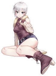 Rule 34 | 10s, 1girl, anastasia (idolmaster), bad id, bad twitter id, belt, blue eyes, boots, breasts, earrings, full body, fur trim, idolmaster, idolmaster cinderella girls, jacket, jewelry, kfr, looking at viewer, lying, medium breasts, on side, ribbed sweater, short hair, short shorts, shorts, silver hair, simple background, skirt, smile, solo, sweater