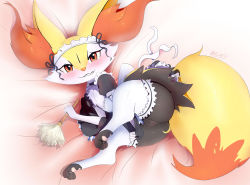 Rule 34 | 1girl, :3, absurdres, alternate costume, animal ear fluff, animal ears, animal hands, animal nose, apron, artist name, ass, bad anatomy, bed sheet, black choker, black dress, black fur, blush, body fur, braixen, choker, cleft of venus, clitoral hood, clothed pokemon, creatures (company), dated, dress, dress tug, duster, embarrassed, enmaided, eryz, fang, feather duster, female focus, flat chest, fox ears, fox girl, fox tail, frilled choker, frilled dress, frills, from above, full body, furry, furry female, game freak, gen 6 pokemon, grin, happy, highres, holding, jpeg artifacts, leg up, looking at viewer, lying, maid, maid apron, maid headdress, nintendo, no panties, nose blush, on side, pawpads, pink background, pokemon, pokemon (creature), puffy short sleeves, puffy sleeves, pussy, pussy juice, red eyes, shiny skin, short sleeves, signature, simple background, smile, solo, tail, teeth, thighhighs, toeless legwear, uncensored, wavy mouth, white apron, white fur, white thighhighs, yellow fur