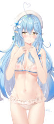 Rule 34 | 1girl, ahoge, blue hair, breasts, cameltoe, cleft of venus, commentary request, covered erect nipples, flower, hair flower, hair ornament, half updo, hat, highres, hololive, large breasts, looking at viewer, navel, pointy ears, see-through, solo, underwear, virtual youtuber, wet, wet clothes, white background, xuejian qiye, yellow eyes, yukihana lamy