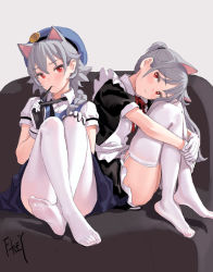Rule 34 | 2girls, animal ears, apron, artist name, ass, beret, black dress, black ribbon, blue hat, blue skirt, blue vest, blush, braid, cat ears, chinese commentary, commentary request, convenient leg, couch, crossed legs, dress, extra ears, feet, feiqizi (fkey), fkey, frills, full body, garter straps, gloves, grey background, hair between eyes, hat, hugging own legs, knees up, long hair, looking at viewer, maid, maid apron, miniskirt, mouth hold, multiple girls, neck ribbon, no shoes, original, pantyhose, petticoat, ponytail, puffy short sleeves, puffy sleeves, red eyes, red ribbon, ribbon, shadow, shirt, short hair, short sleeves, signature, silver hair, simple background, sitting, skirt, thighhighs, thighs, vest, waist apron, white gloves, white legwear, white shirt, wing collar