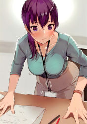 Rule 34 | 1girl, absurdres, between breasts, blush, breasts, closed mouth, collarbone, doushimasho, earrings, hair over shoulder, highres, id card, indoors, jewelry, leaning forward, lips, long sleeves, medium breasts, medium hair, office lady, original, paper, pen, purple eyes, purple hair, scan, simple background, skirt, solo, sweat, sweatdrop, table, watch, wristwatch