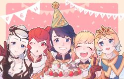Rule 34 | 1boy, 4girls, alfonse (fire emblem), anna (fire emblem), anniversary, black gloves, blonde hair, blue eyes, blue hair, breasts, brother and sister, cake, cleavage, closed mouth, crown, d0o00o0b, earrings, eir (fire emblem), closed eyes, feh (fire emblem heroes), fire emblem, fire emblem heroes, fjorm (fire emblem), food, gloves, gradient hair, grin, hair ornament, hat, jewelry, long hair, multicolored hair, multiple girls, nintendo, one eye closed, open mouth, party hat, pink hair, ponytail, red eyes, red hair, sharena (fire emblem), short hair, siblings, silver hair, smile