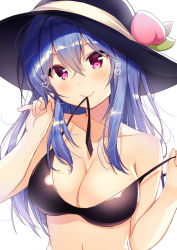 Rule 34 | 1girl, absurdres, aged up, alternate breast size, alternate costume, alternate eye color, bare shoulders, bikini, black bikini, black hat, blue hair, blush, breasts, cleavage, collarbone, colored eyelashes, food, fruit, hair between eyes, hand in own hair, hat, hat ornament, hat ribbon, head tilt, heart, heart-shaped pupils, highres, hinanawi tenshi, large breasts, long hair, looking at viewer, medium breasts, mouth hold, nenobi (nenorium), peach, purple eyes, ribbon, shiny clothes, simple background, smile, solo, strap pull, swimsuit, symbol-shaped pupils, touhou, untied bikini, upper body, white background