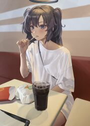 Rule 34 | 1girl, absurdres, alternate costume, bag, blue archive, blush, casual, cup, dance arm, disposable cup, dress shirt, eating, fast food, food, french fries, halo, highres, holding, indoors, long hair, looking at viewer, mechanical halo, open mouth, purple eyes, purple hair, shirt, shoulder bag, sitting, sweatdrop, table, two side up, yuuka (blue archive)