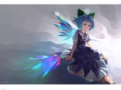 Rule 34 | 1girl, abstract background, barefoot, blue dress, blue eyes, blue hair, bow, cirno, commentary, dated, dress, english commentary, english text, gradient background, hair bow, head tilt, light particles, looking at viewer, neck ribbon, outstretched leg, pinafore dress, prism, puffy short sleeves, puffy sleeves, red ribbon, ribbon, riki6, shirt, short hair, short sleeves, sitting, sleeveless dress, smile, solo, touhou, white shirt, wing collar, wings