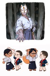 Rule 34 | 2boys, absurdres, animal ears, black hair, blue pants, brown eyes, brown hair, buzz cut, chengongzi123, chibi, clothing request, covering own ears, dark-skinned male, dark skin, forest, fox boy, fox ears, fox mask, fox tail, golden kamuy, green eyes, hakama, hakama pants, highres, hip vent, japanese clothes, katana, kemonomimi mode, koito otonoshin, long sleeves, looking at another, male focus, mask, mask on head, multiple boys, multiple views, nature, outdoors, pants, reaching, reaching towards viewer, sheath, sheathed, short hair, simple background, standing, standing on one leg, sword, tail, tree, tsukishima hajime, very short hair, weapon, white background, wide sleeves