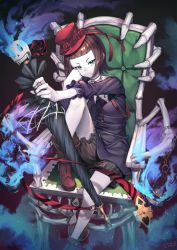 Rule 34 | 1girl, blue eyes, blunt bangs, boots, brown footwear, brown hair, chair, closed mouth, commentary request, green eyes, hat, head rest, highres, holding, knee up, kotoribako, looking at viewer, magic, pale skin, purple shirt, red hat, rita (shingeki no bahamut: genesis), shingeki no bahamut, shirt, short hair, signature, sitting, solo, umbrella, zombie, zombie girl