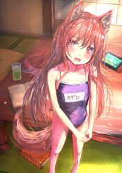 Rule 34 | 1girl, absurdres, aged down, animal ear fluff, animal ears, barefoot, book, commentary request, competition school swimsuit, cup, drinking glass, highres, huge filesize, ice, ice cube, imaizumi kagerou, long hair, mame (mame3737), math, name tag, one-piece swimsuit, paper, pencil, red eyes, school swimsuit, solo, swimsuit, tail, tears, touhou, wavy mouth, wolf ears