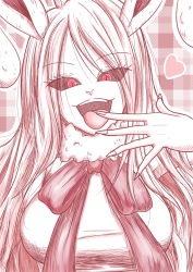 Rule 34 | 1girl, bow, breasts, carrot (one piece), eyes visible through hair, fingernails, heart, highres, long fingernails, looking at viewer, medium breasts, one piece, open mouth, plaid, plaid background, red eyes, slit pupils, solo, sulong form, tagme, tongue, tongue out