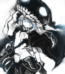 Rule 34 | 10s, 1girl, abyssal ship, blue eyes, bodysuit, cape, gloves, glowing, glowing eyes, hat, highres, izuoku, kantai collection, monochrome, open mouth, short hair, solo, teeth, weapon, wo-class aircraft carrier