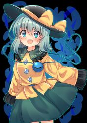 Rule 34 | 1girl, aqua hair, black background, black hat, blouse, blue eyes, blush, buttons, collared shirt, commentary request, diamond button, eyeball, frilled shirt collar, frilled sleeves, frills, green skirt, hair between eyes, hat, hat ribbon, heart, heart of string, highres, komeiji koishi, long sleeves, medium hair, open mouth, ribbon, rpameri, shirt, skirt, sleeves past fingers, sleeves past wrists, smile, solo, teeth, third eye, touhou, upper teeth only, wavy hair, wide sleeves, yellow ribbon, yellow shirt