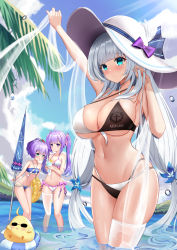 Rule 34 | 3girls, :o, absurdres, ahoge, arm up, azur lane, bare shoulders, beach umbrella, bikini, bird, black bikini, blue bikini, blue eyes, blue sky, blue umbrella, blush, breasts, chick, chinese commentary, cleavage, closed mouth, cloud, collarbone, commentary request, cup, day, drink, flat chest, flower, green eyes, groin, hair between eyes, hair flower, hair ornament, hair ribbon, halterneck, hands up, hat, high ponytail, highleg, highleg bikini, highres, holding, holding cup, holding shawl, holding swim ring, holding umbrella, illustrious (azur lane), innertube, javelin (azur lane), javelin (beach picnic!) (azur lane), large breasts, layered bikini, long hair, looking at another, looking at viewer, low-tied long hair, low twintails, manjuu (azur lane), medium hair, mole, mole under eye, multiple girls, navel, niballl, ocean, official alternate costume, outdoors, palm leaf, pink ribbon, ponytail, purple eyes, purple hair, red flower, ribbon, shawl, side-tie bikini bottom, sidelocks, single thighhigh, sky, small breasts, smile, standing, stomach, sun hat, swim ring, swimsuit, thighhighs, twintails, two-tone bikini, umbrella, underboob, unicorn (azur lane), very long hair, wading, water drop, white bikini, white hair, white headwear, white legwear, wide ponytail