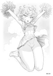 Rule 34 | 1girl, blush, breasts, cheerleader, cleft of venus, collarbone, curly hair, greyscale, groin, highleg, highleg panties, highres, jumping, looking at viewer, mogudan, monochrome, navel, one-punch man, open mouth, panties, partially visible vulva, pom pom (cheerleading), pussy, pussy peek, short hair, small breasts, smile, stomach, tatsumaki, thick thighs, thighs, thong, underboob, underwear, wide hips