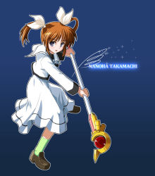 Rule 34 | 00s, 1girl, blue background, brown eyes, brown hair, dress, gem, long sleeves, looking at viewer, lyrical nanoha, mahou shoujo lyrical nanoha, mahou shoujo lyrical nanoha a&#039;s, raising heart, raising heart (accel mode), rod, school uniform, simple background, solo, staff, takamachi nanoha, twintails, uniform, white dress