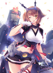 Rule 34 | 1girl, ;d, arm up, bad id, bad pixiv id, belt, black skirt, blush, breasts, brown hair, cape, chain, collar, commentary request, confetti, cowboy shot, dated, finger to mouth, gloves, green eyes, headgear, heart, kantai collection, kyara36, large breasts, leaning to the side, looking at viewer, miniskirt, mutsu (kancolle), navel, one eye closed, open mouth, pleated skirt, red ribbon, ribbon, rigging, signature, simple background, skirt, smile, solo, striped clothes, striped thighhighs, tassel, thighhighs, twitter username, unbuttoned, white background, white cape, white gloves
