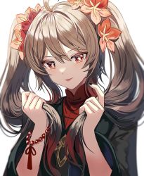 Rule 34 | 1girl, bead bracelet, beads, black jacket, black nails, blush, bracelet, breasts, brown hair, flower, flower-shaped pupils, genshin impact, gradient hair, hair flower, hair ornament, hand in own hair, highres, hu tao (genshin impact), jacket, jewelry, long hair, looking at viewer, multicolored hair, nail polish, red eyes, red hair, red shirt, shirt, silence girl, small breasts, solo, symbol-shaped pupils, tongue, tongue out, twintails