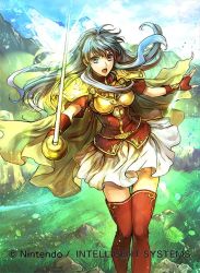 Rule 34 | 1girl, aqua hair, armor, artist request, blue eyes, boots, breastplate, cape, cloud, company name, copyright name, day, eirika (fire emblem), fingerless gloves, fire emblem, fire emblem: the sacred stones, fire emblem cipher, gloves, grass, holding, holding sword, holding weapon, looking at viewer, mountain, nintendo, official art, open mouth, outdoors, shirt, short sleeves, skirt, sky, solo, sword, thigh boots, thighhighs, wada sachiko, weapon, zettai ryouiki