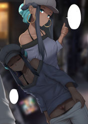 Rule 34 | 1boy, 1girl, alternate costume, alternate hairstyle, aqua hair, blank speech bubble, blue eyes, blue hair, blue shirt, blurry, blurry background, blush, braid, breasts, cabbie hat, censored, closed eyes, closed mouth, clothes pull, commentary, creatures (company), dark-skinned female, dark skin, earrings, english commentary, eyelashes, eyeshadow, game freak, ginhaha, grey headwear, hat, highres, hoop earrings, jewelry, looking at viewer, makeup, medium breasts, mosaic censoring, multiple views, nessa (pokemon), nintendo, off-shoulder shirt, off shoulder, panties, pants, pants pull, panty pull, pokemon, pokemon: twilight wings, pokemon swsh, pussy, shirt, short hair with long locks, sidelocks, speech bubble, thigh gap, thighs, thumbs up, underwear, undressing, white pants