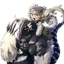 Rule 34 | 1boy, 1girl, :3, akamtvahosi, animal ears, animal hands, ascot, black jacket, black legwear, blue headwear, child, claws, damaged, glowing tail, green pants, grey ascot, hand up, helm, helmet, highres, jacket, looking at viewer, looking up, made in abyss, on person, open clothes, open jacket, open mouth, orange eyes, pants, pouch, prushka (furry), simple background, smile, spoilers, squatting, tail, whiskers, white background, white fur, white tail