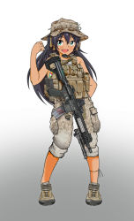 Rule 34 | 1girl, anklet, black hair, boonie hat, boots, bulletproof vest, camouflage, camouflage pants, dark-skinned female, dark skin, fang, ganaha hibiki, green eyes, gun, headset, holstered, idolmaster, idolmaster (classic), jewelry, long hair, military operator, nakamura 3sou, open mouth, pants, pants rolled up, rifle, weapon, white background