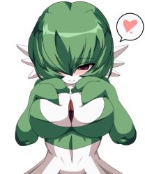 Rule 34 | 1girl, blush, breasts, collarbone, creatures (company), game freak, gardevoir, gen 3 pokemon, green hair, half-closed eyes, hands on own chest, hands up, heart, large breasts, looking at viewer, narura, navel, nintendo, pokemon, pokemon (creature), pokemon rse, red eyes, short hair, simple background, smile, solo, speech bubble, spoken heart, standing, upper body, white background