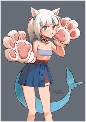 Rule 34 | 1girl, absurdres, alternate costume, animal ears, animal hands, artist name, bag, bell, blue eyes, blue hair, blue skirt, blunt bangs, cat ears, cat paws, collar, english text, fins, fish tail, gawr gura, gawr gura (casual), gloves, grey background, hair ornament, handbag, hands up, highres, hololive, hololive english, jingle bell, looking at viewer, medium hair, multicolored hair, neck bell, open mouth, parted lips, paw gloves, phinci, pleated skirt, shark girl, shark hair ornament, shark tail, shoulder bag, sidelocks, simple background, skirt, solo, standing, stitches, strapless, streaked hair, tail, tube top, twintails, virtual youtuber, white hair