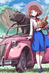 Rule 34 | 1girl, bag, blue eyes, brown hair, car, castle of cagliostro, clarisse de cagliostro, dog, grocery bag, hat, highres, isedaichi ken, long hair, lupin iii, motor vehicle, shopping bag, sun hat, vehicle